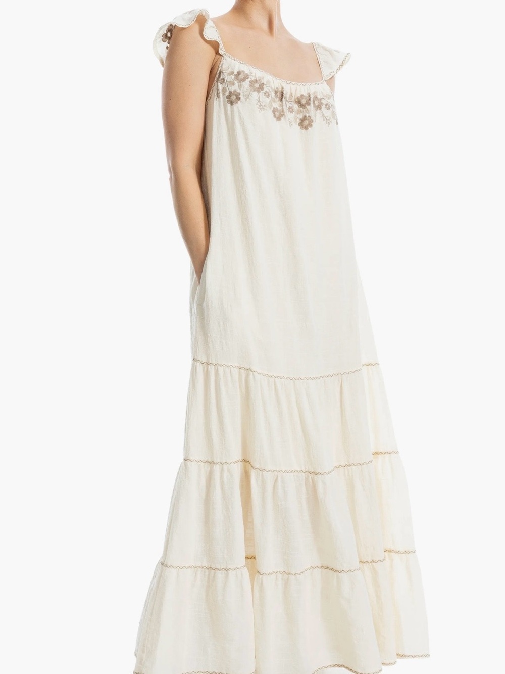 Max Studio Cream Embroidered Tiered Maxi Dress, lined